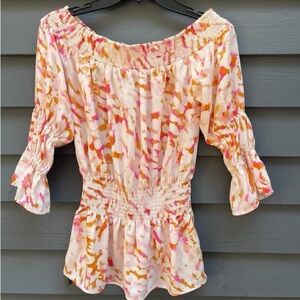 CAbi Spring 2022 "Arrival Drop Off Blouse" (#6202) Blush/ Pink/ Cream Floral XS